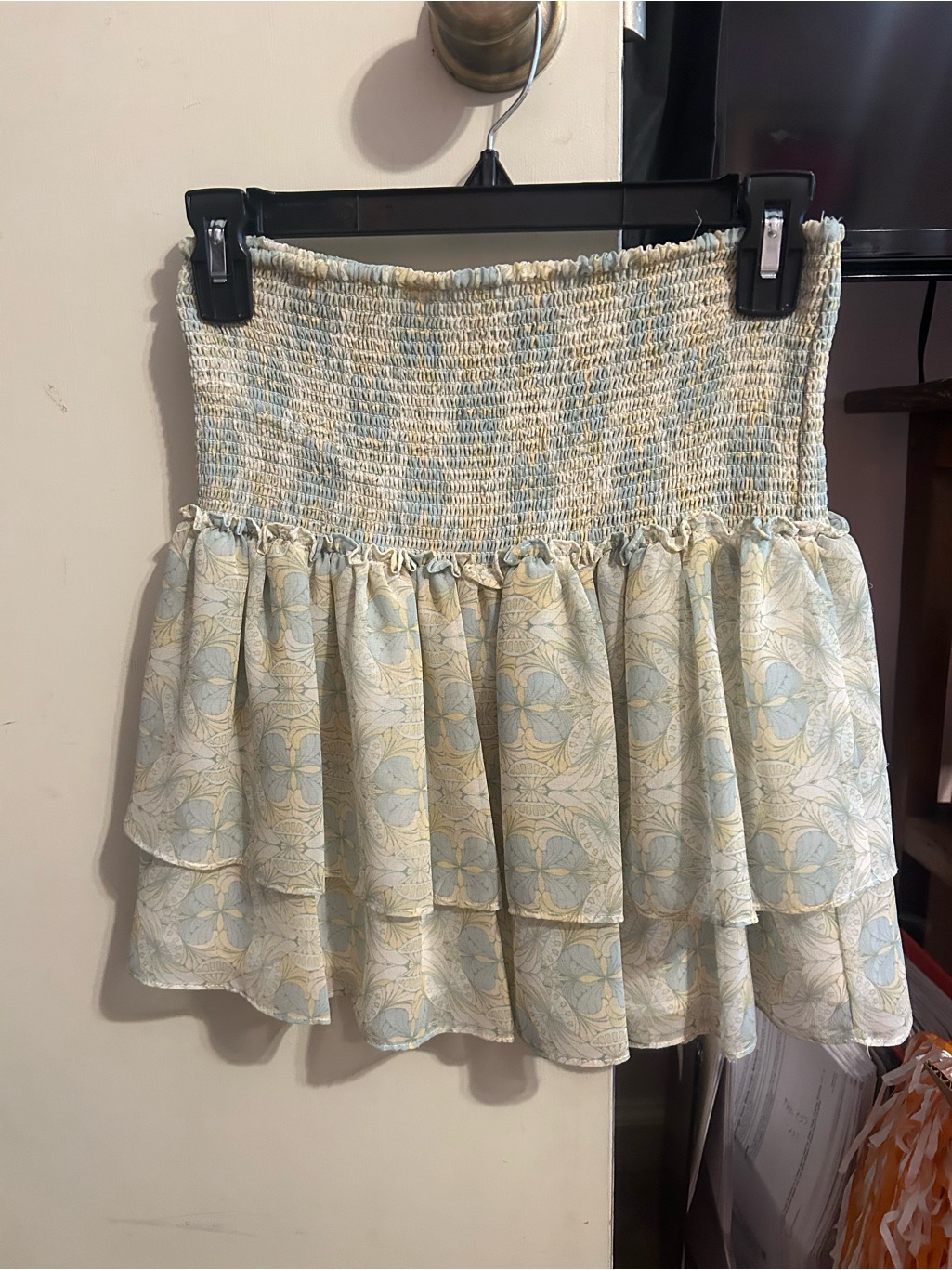 Chelsea & Violet Light Blue And Cream Smocked Tiered Mini Skirt